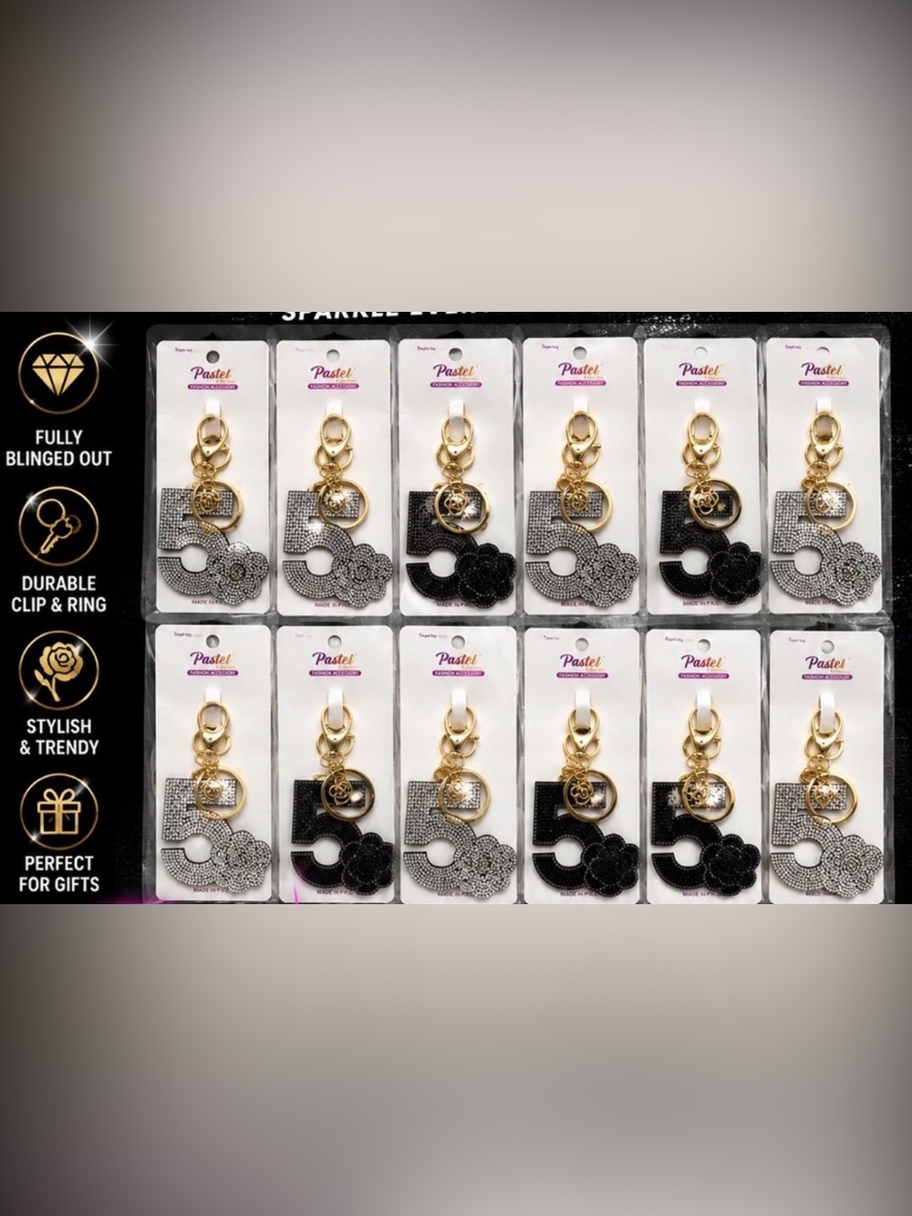 Pastels Black & Silver Number 5 Phone Charm with Gold Clip (pick blk or silver )